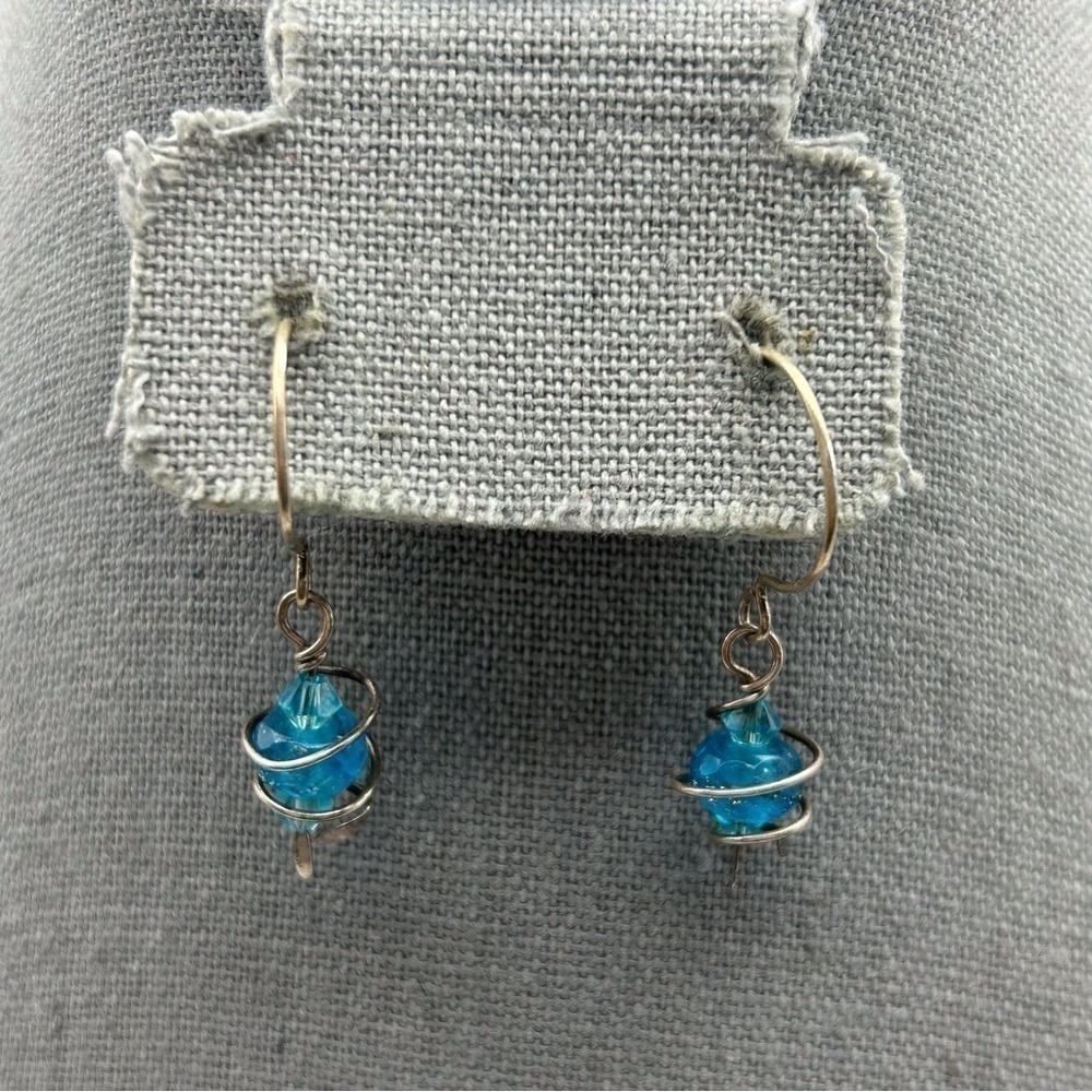 Boho Sterling Silver 925 Spiral Wrapped Blue Speckled Beaded Dangle Earrings